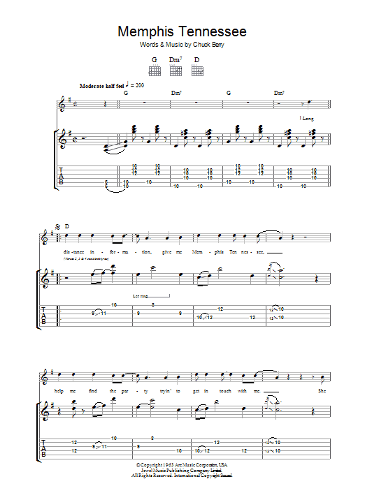 Download Chuck Berry Memphis Tennessee Sheet Music and learn how to play Piano, Vocal & Guitar (Right-Hand Melody) PDF digital score in minutes