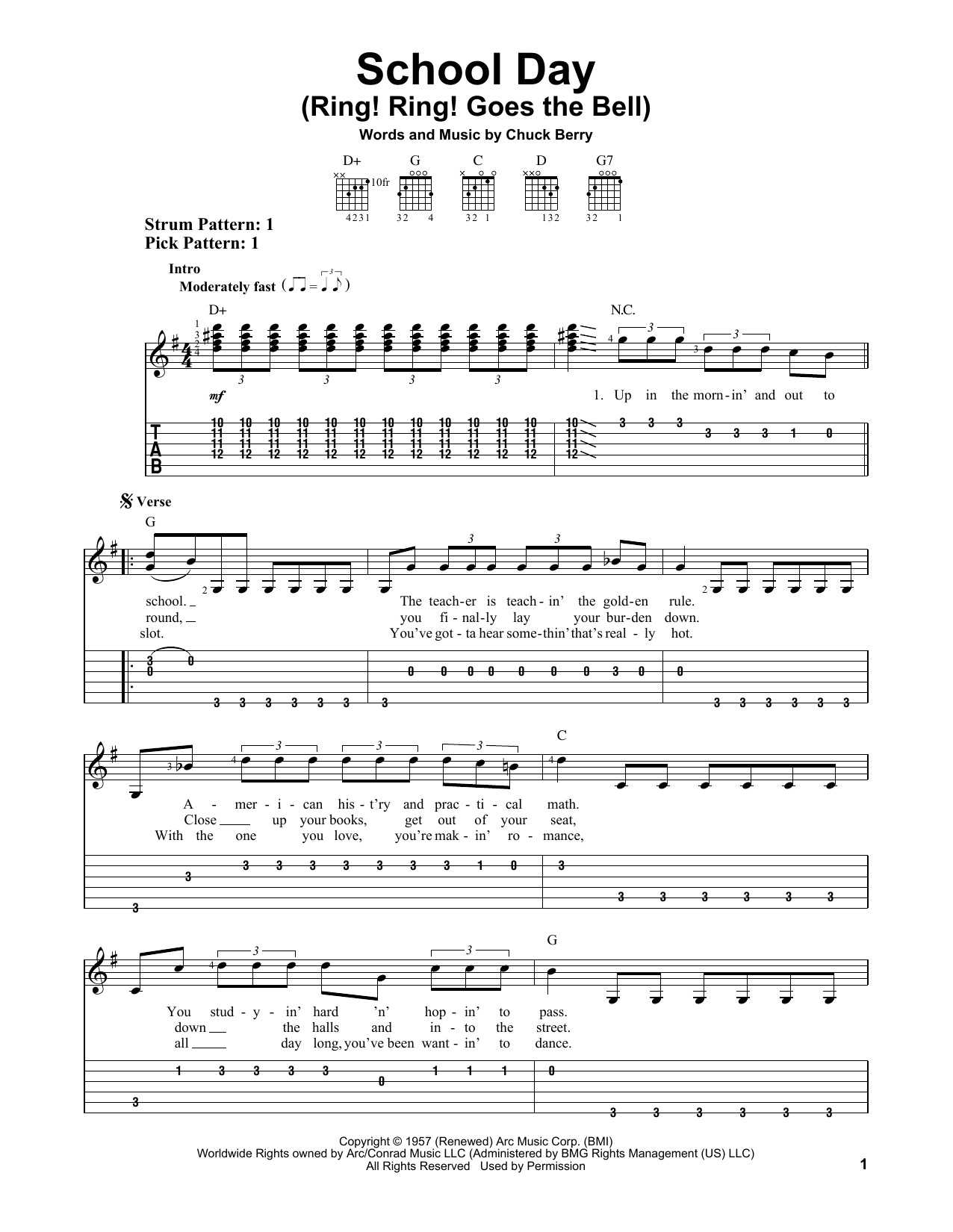 Download Chuck Berry School Day (Ring! Ring! Goes The Bell) Sheet Music and learn how to play Easy Guitar Tab PDF digital score in minutes