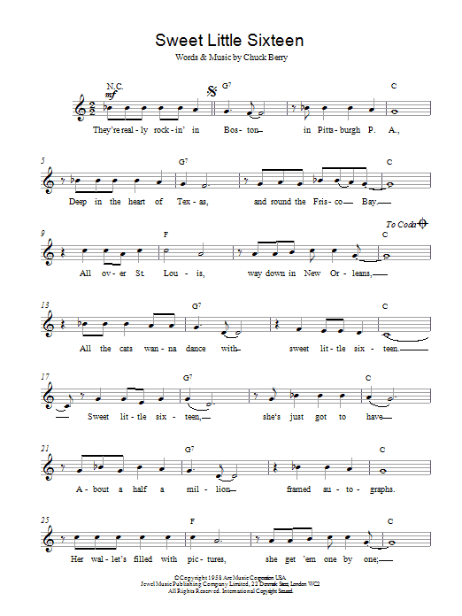 Download Chuck Berry Sweet Little Sixteen Sheet Music and learn how to play Lyrics & Chords PDF digital score in minutes