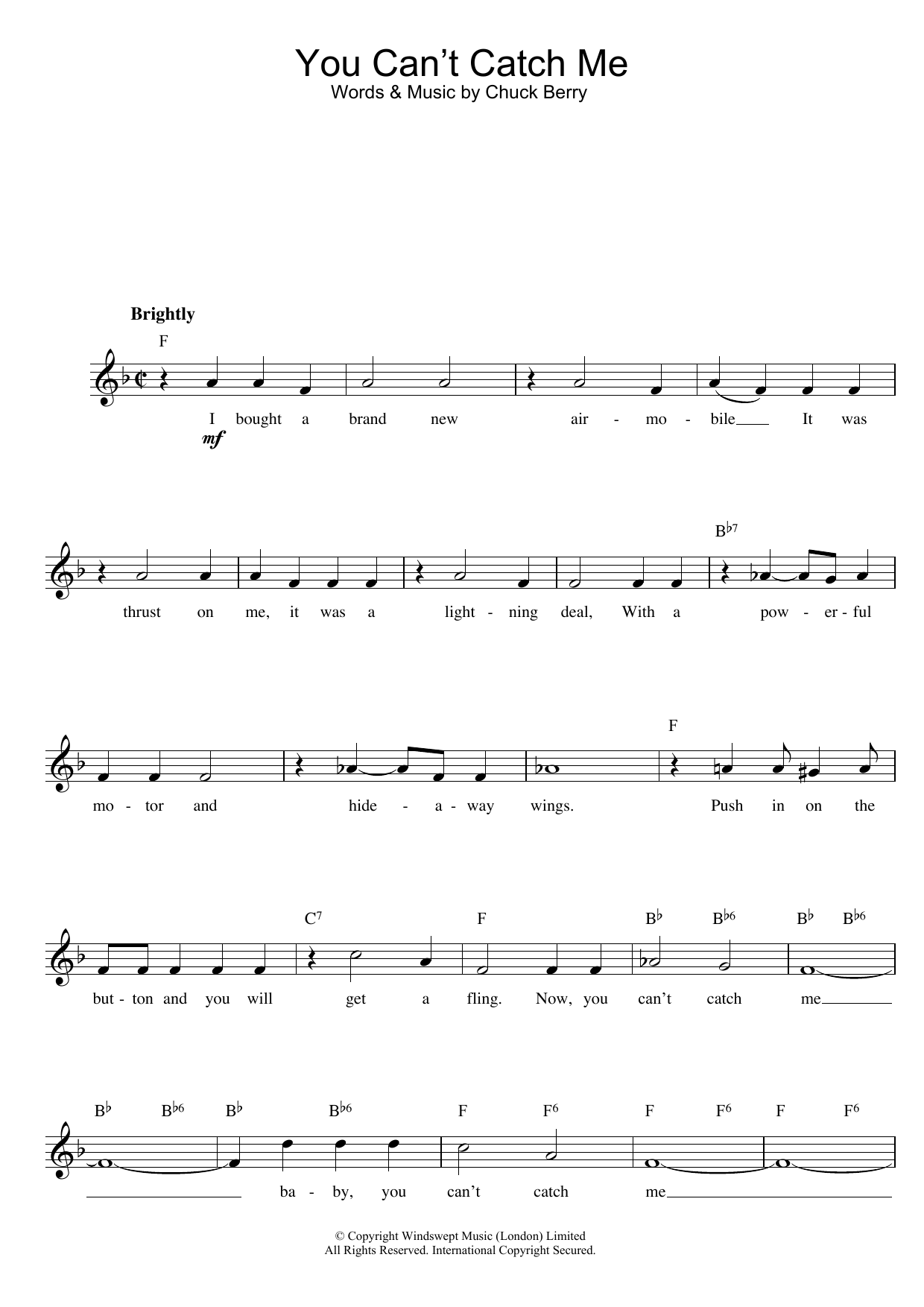 Download Chuck Berry You Can't Catch Me Sheet Music and learn how to play Melody Line, Lyrics & Chords PDF digital score in minutes