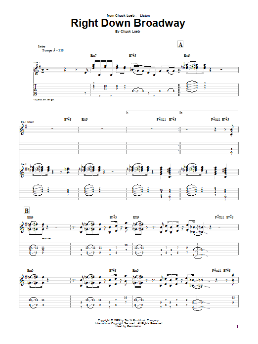 Download Chuck Loeb Right Down Broadway Sheet Music and learn how to play Guitar Tab PDF digital score in minutes