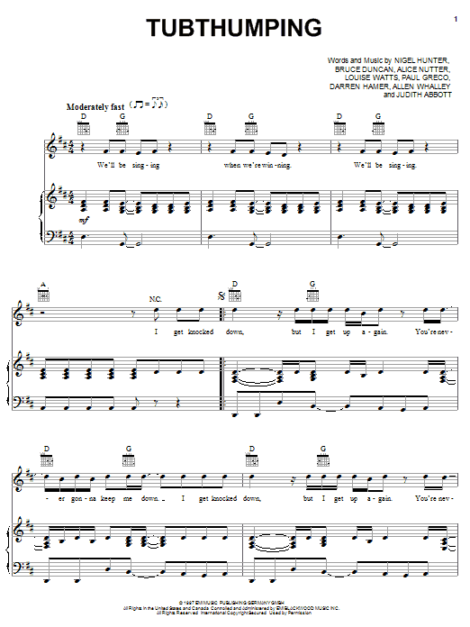Download Chumbawamba Tubthumping Sheet Music and learn how to play Melody Line, Lyrics & Chords PDF digital score in minutes