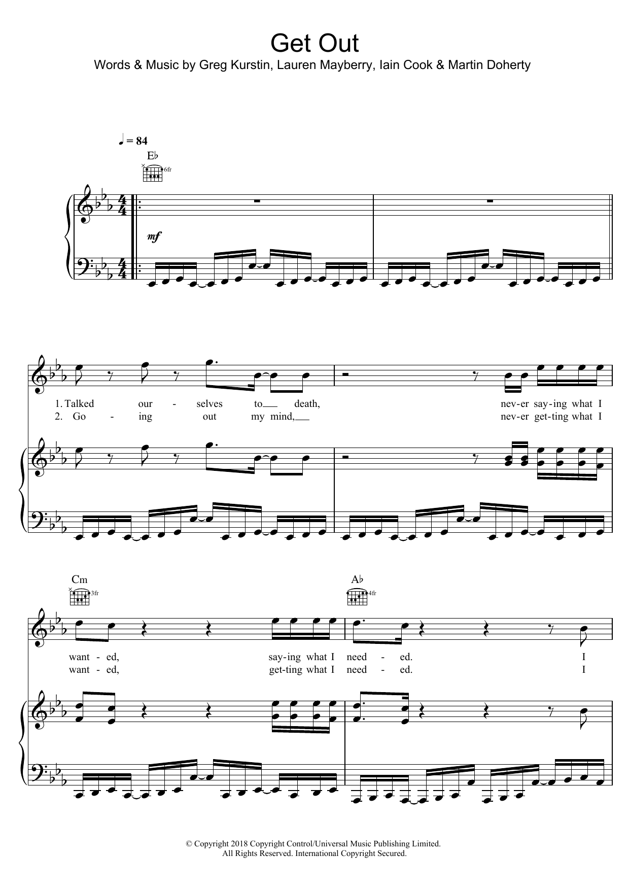 Download Chvrches Get Out Sheet Music and learn how to play Piano, Vocal & Guitar (Right-Hand Melody) PDF digital score in minutes