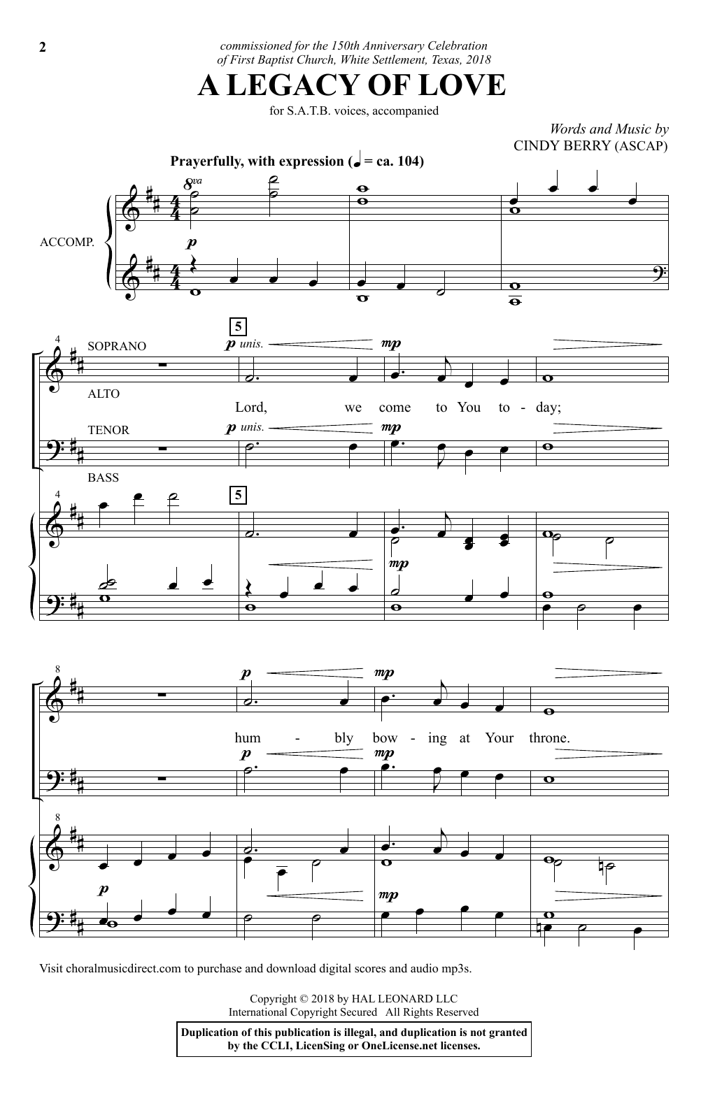 Download Cindy Berry A Legacy Of Love Sheet Music and learn how to play SATB PDF digital score in minutes