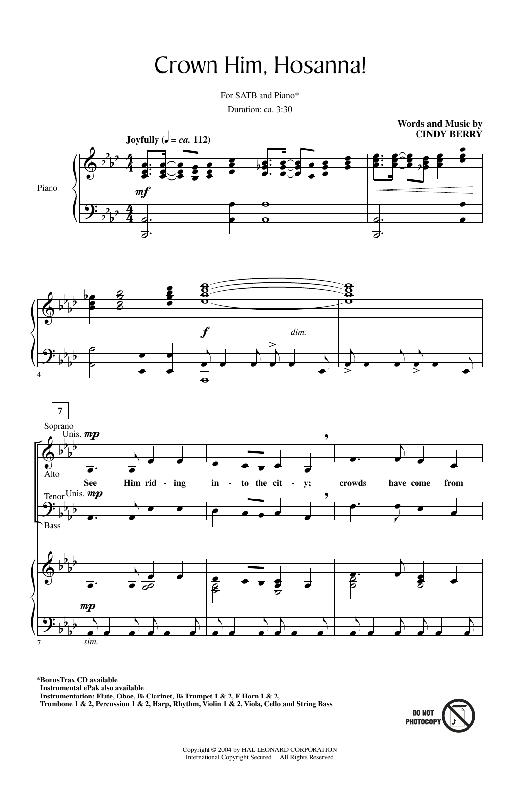 Download Cindy Berry Crown Him Hosanna Sheet Music and learn how to play SATB PDF digital score in minutes
