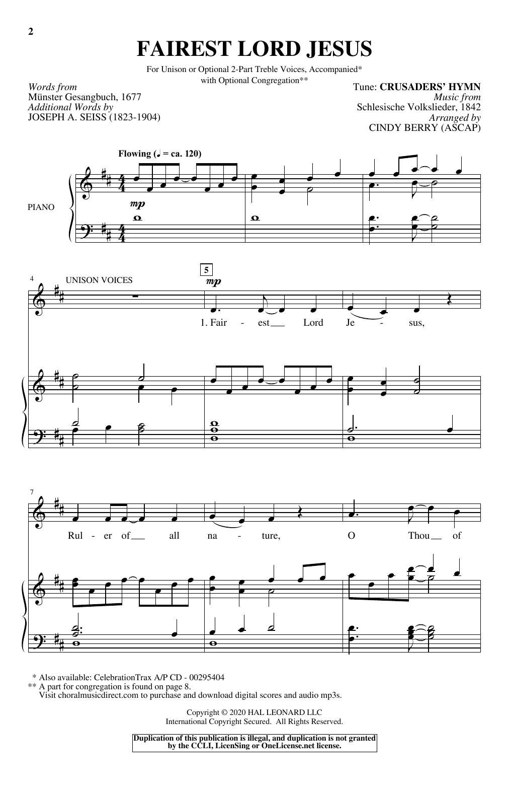 Download Cindy Berry Fairest Lord Jesus Sheet Music and learn how to play Unison Choir PDF digital score in minutes