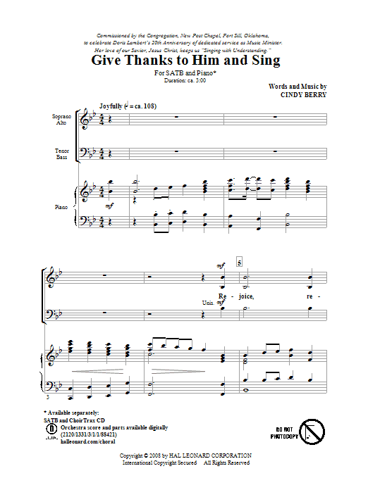 Download Cindy Berry Give Thanks To Him And Sing Sheet Music and learn how to play SATB PDF digital score in minutes