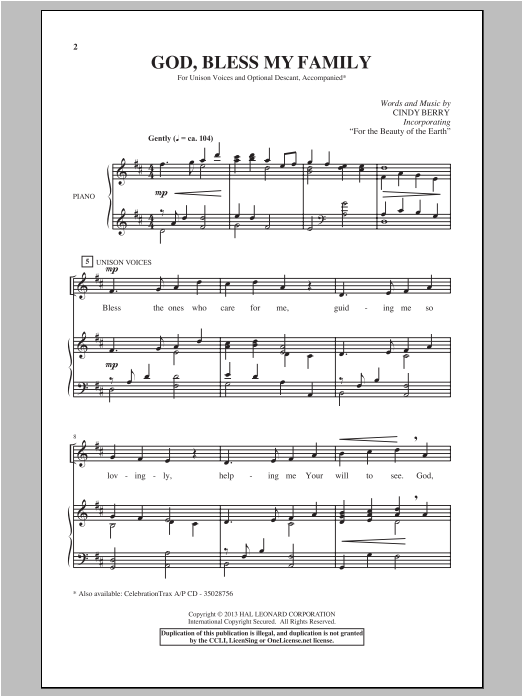 Download Cindy Berry God Bless My Family Sheet Music and learn how to play Unison Voice PDF digital score in minutes