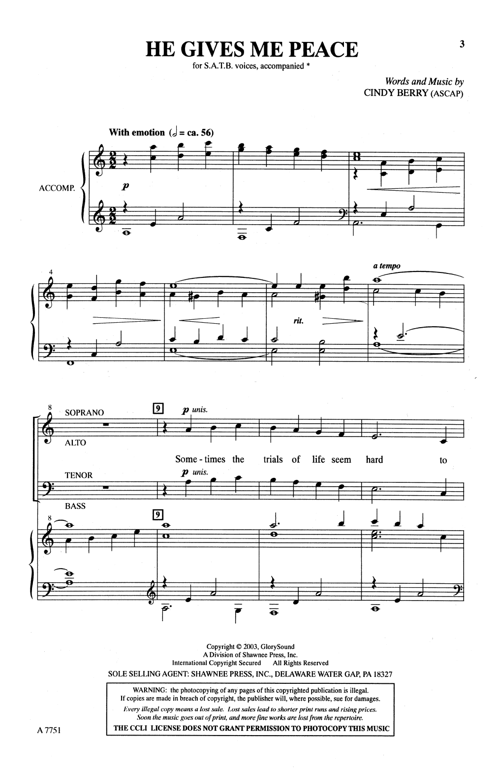 Download Cindy Berry He Gives Me Peace Sheet Music and learn how to play SATB Choir PDF digital score in minutes