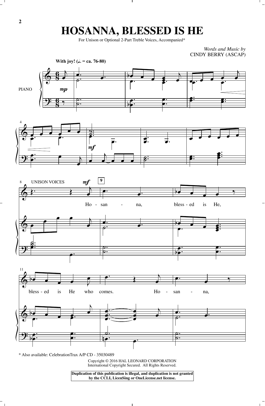 Download Cindy Berry Hosanna, Blessed Is He Sheet Music and learn how to play Choral PDF digital score in minutes