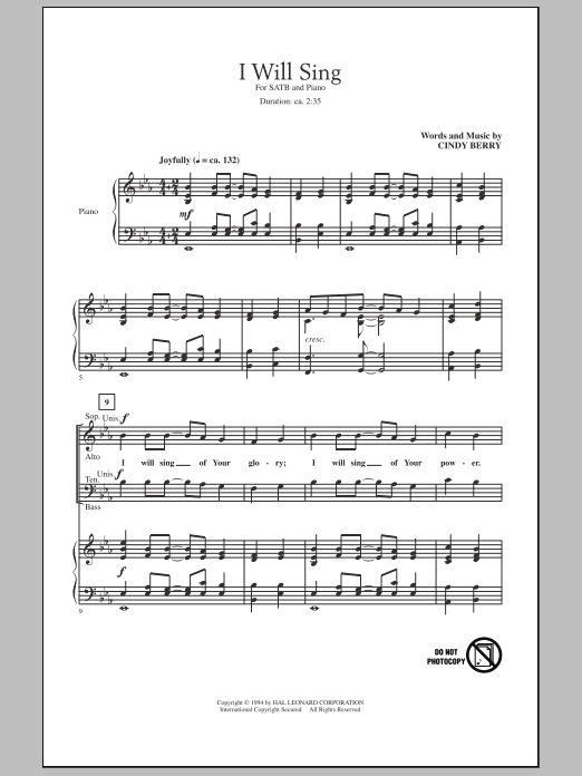 Download Cindy Berry I Will Sing Sheet Music and learn how to play SATB Choir PDF digital score in minutes