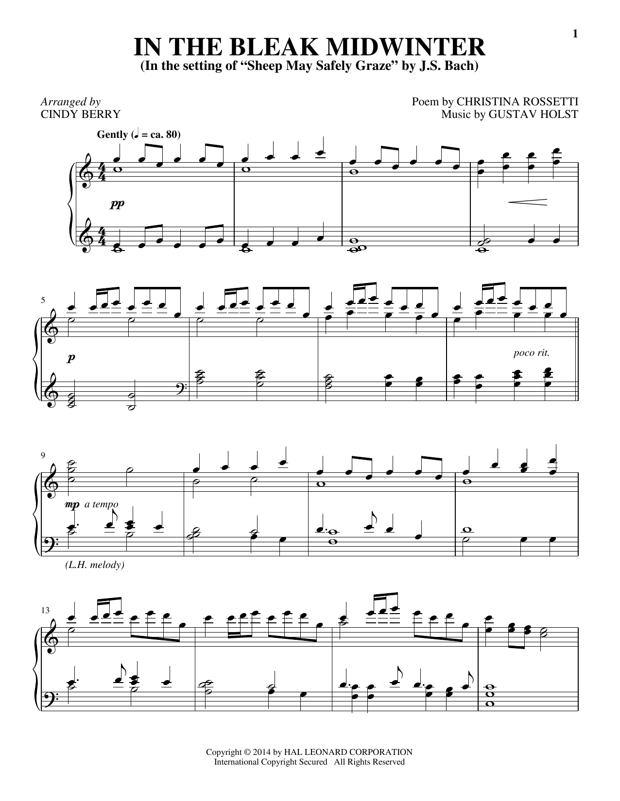 Download Cindy Berry In The Bleak Midwinter Sheet Music and learn how to play Piano PDF digital score in minutes