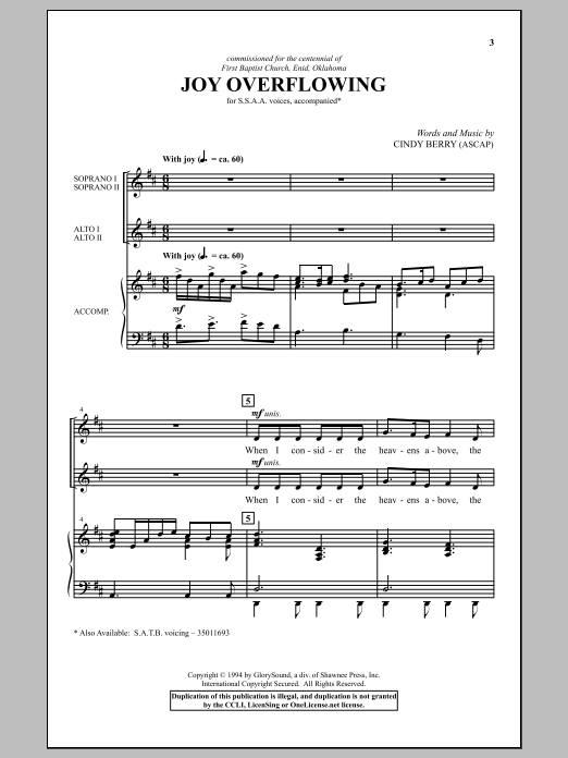 Download Cindy Berry Joy Overflowing Sheet Music and learn how to play SSA PDF digital score in minutes