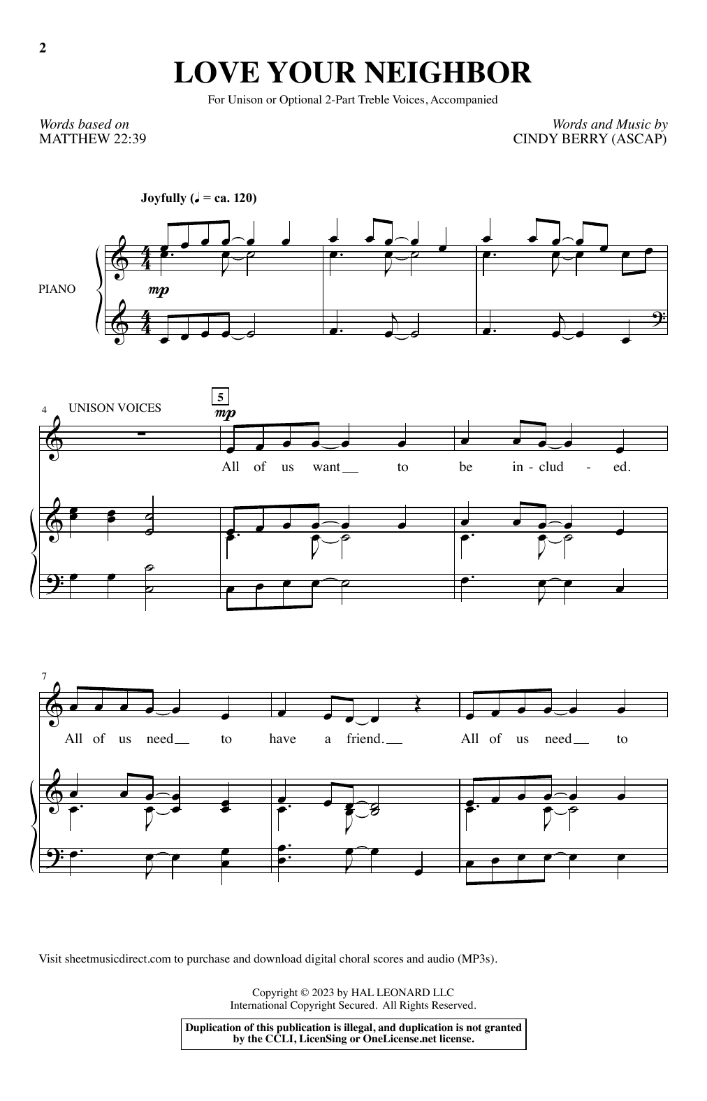 Download Cindy Berry Love Your Neighbor Sheet Music and learn how to play Choir PDF digital score in minutes