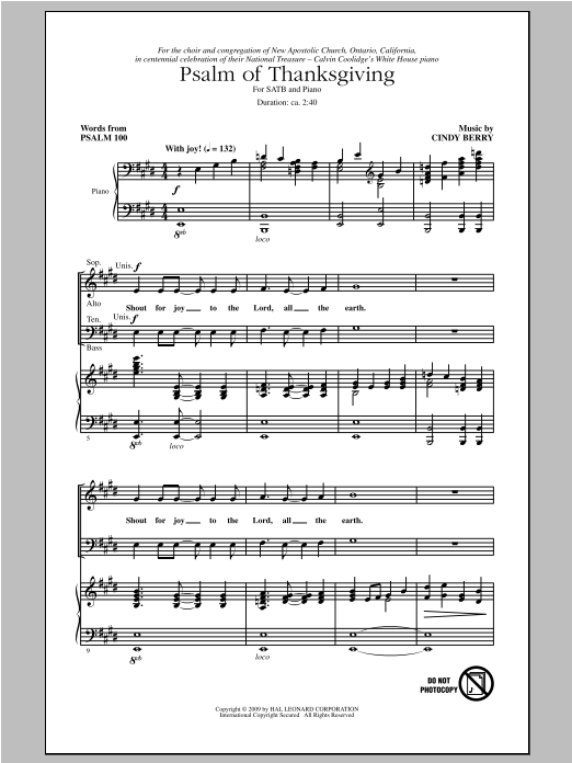 Download Cindy Berry Psalm Of Thanksgiving Sheet Music and learn how to play SATB PDF digital score in minutes