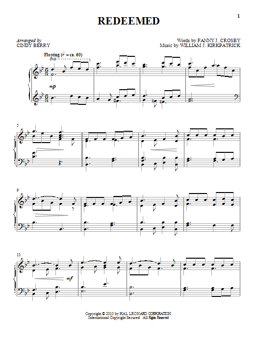 Download Cindy Berry Redeemed Sheet Music and learn how to play Piano PDF digital score in minutes