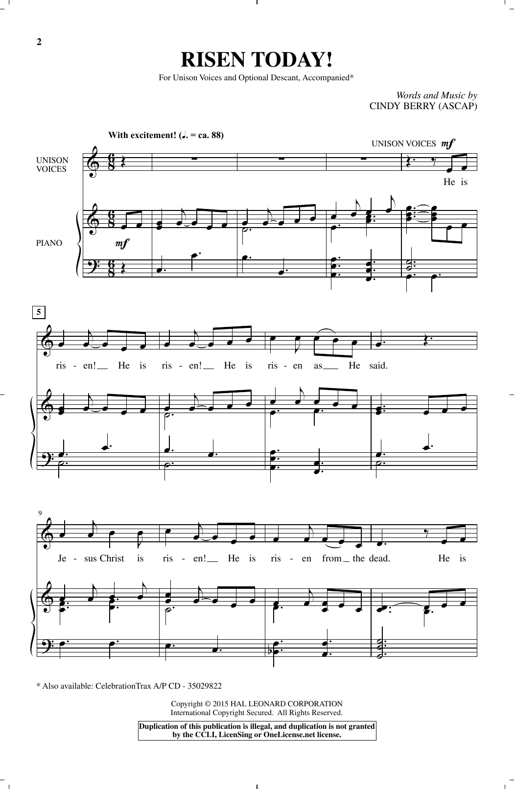 Download Cindy Berry Risen Today! Sheet Music and learn how to play Choral PDF digital score in minutes
