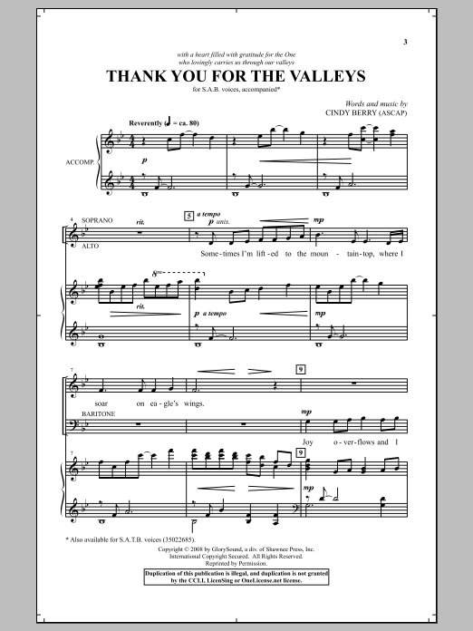 Download Cindy Berry Thank You For The Valleys Sheet Music and learn how to play SAB PDF digital score in minutes