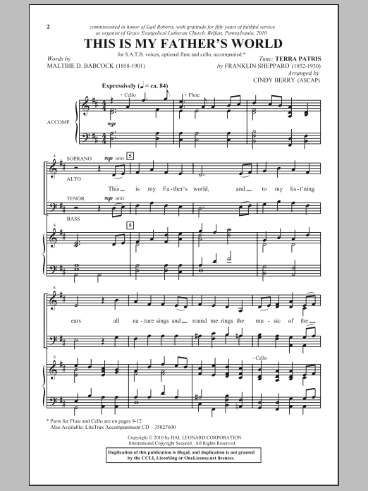 Download Cindy Berry This Is My Father's World Sheet Music and learn how to play SATB Choir PDF digital score in minutes