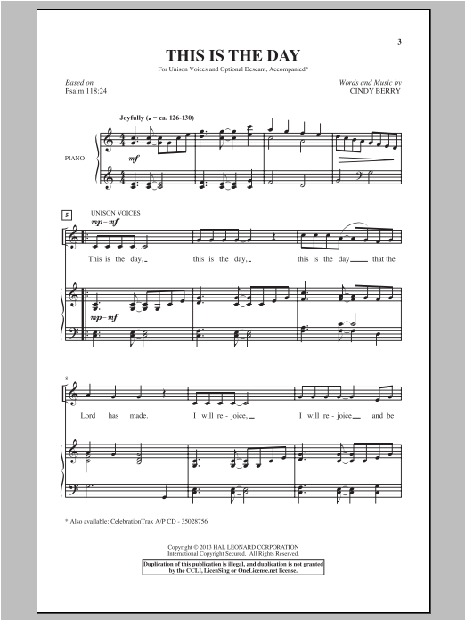 Download Cindy Berry This Is The Day Sheet Music and learn how to play Choral PDF digital score in minutes