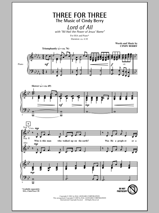 Download Cindy Berry Three For Three - Three Songs For Three Parts - Volume 1 Sheet Music and learn how to play SSA Choir PDF digital score in minutes