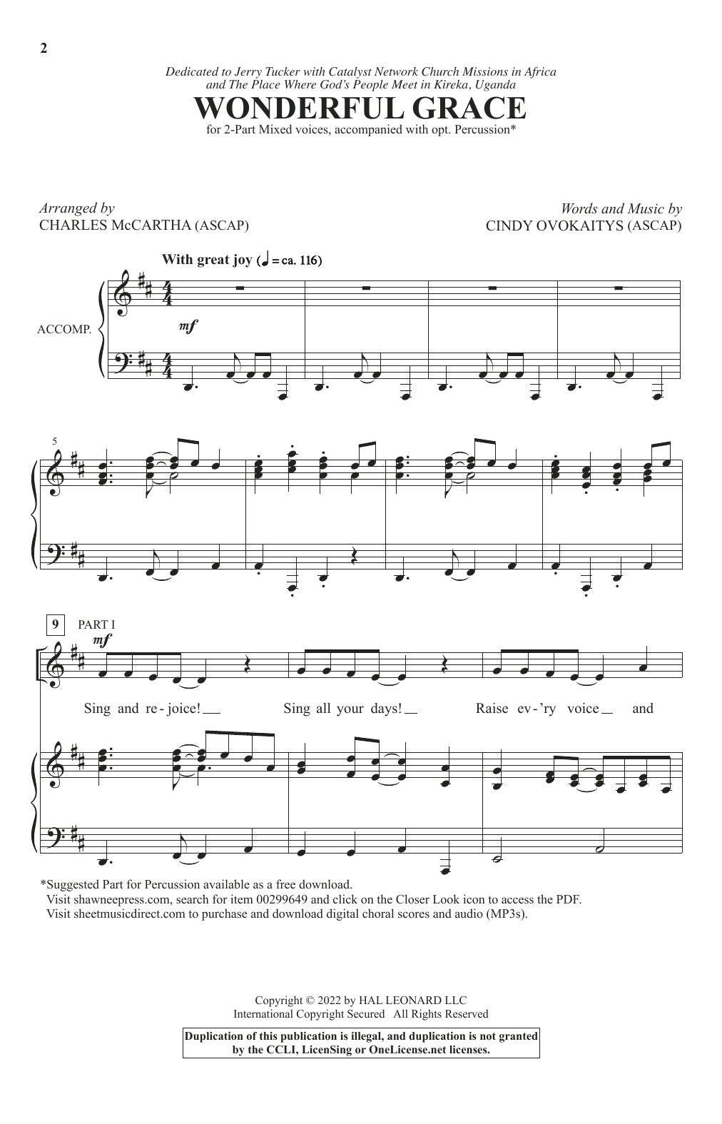 Download Cindy Ovokaitys Wonderful Grace (arr. Charles McCartha) Sheet Music and learn how to play 2-Part Choir PDF digital score in minutes