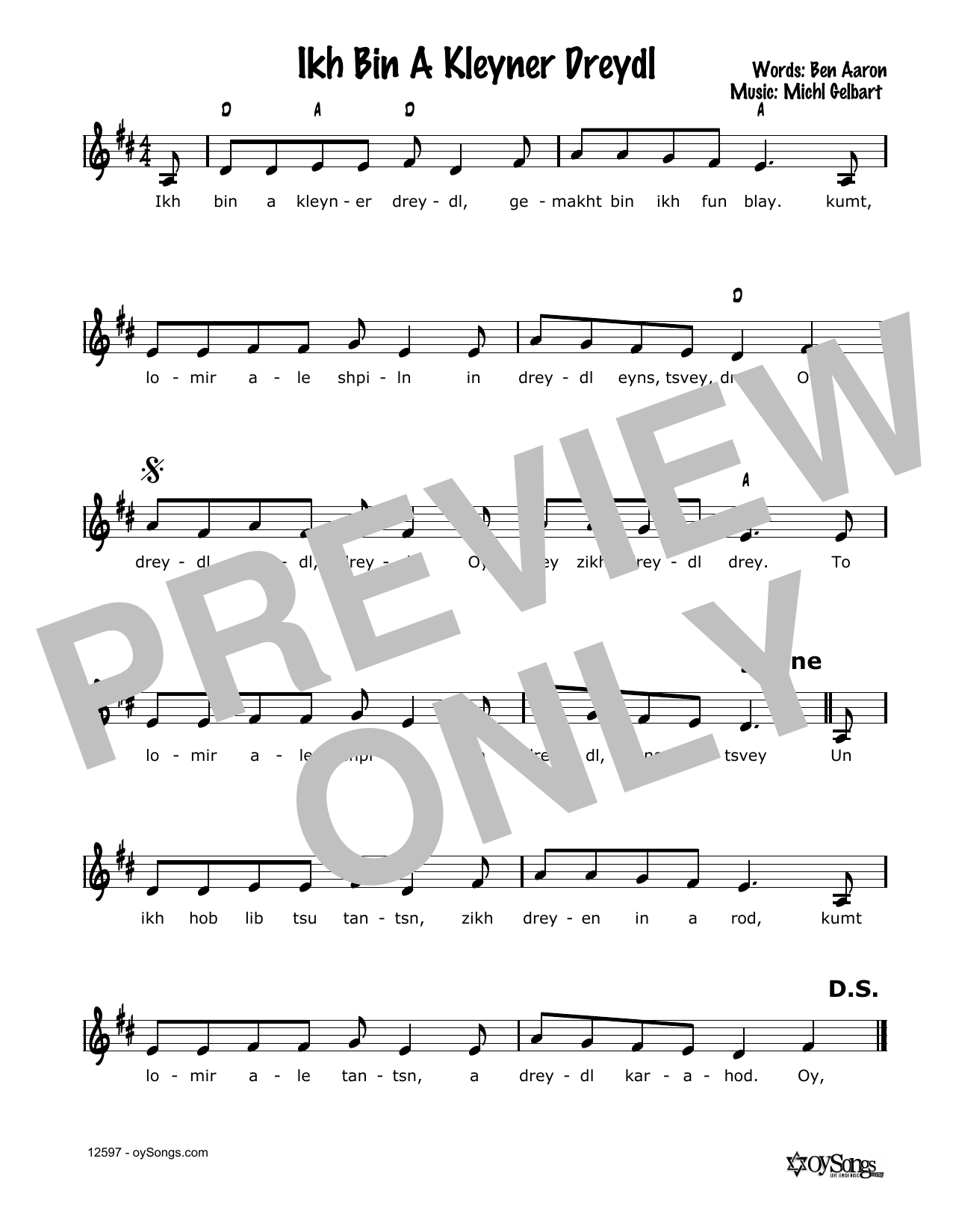 Download Cindy Paley Ikh Bin A Kleyner Dreydl Sheet Music and learn how to play Melody Line, Lyrics & Chords PDF digital score in minutes