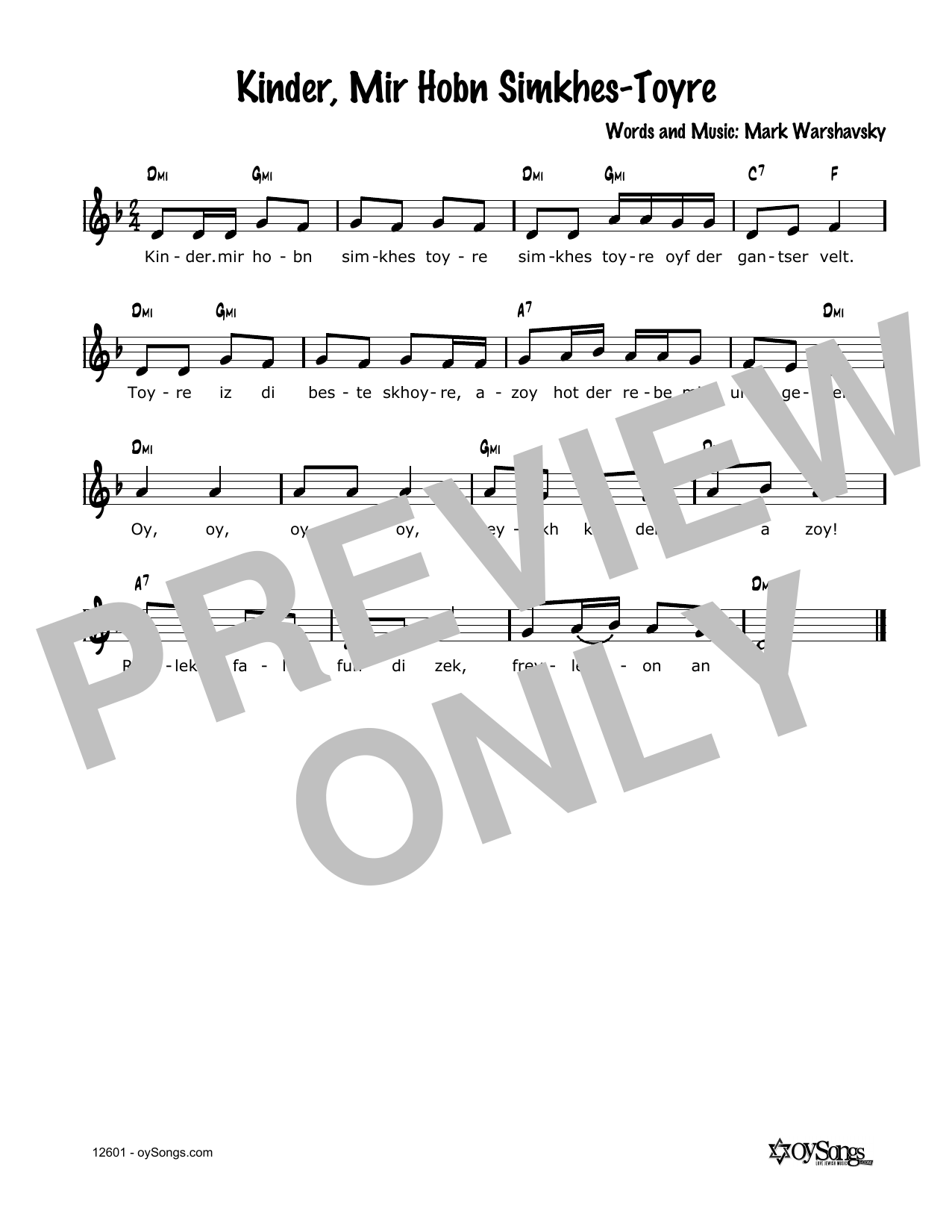 Download Cindy Paley Kinder, Mir Hobn Simkhes-Toyre Sheet Music and learn how to play Melody Line, Lyrics & Chords PDF digital score in minutes