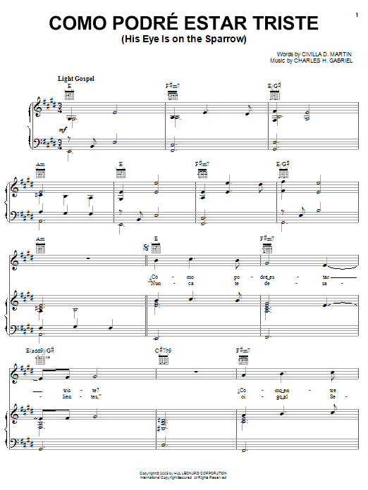 Download Civilla D. Martin Como Podre Estar Triste (His Eye Is On The Sparrow) Sheet Music and learn how to play Piano, Vocal & Guitar (Right-Hand Melody) PDF digital score in minutes