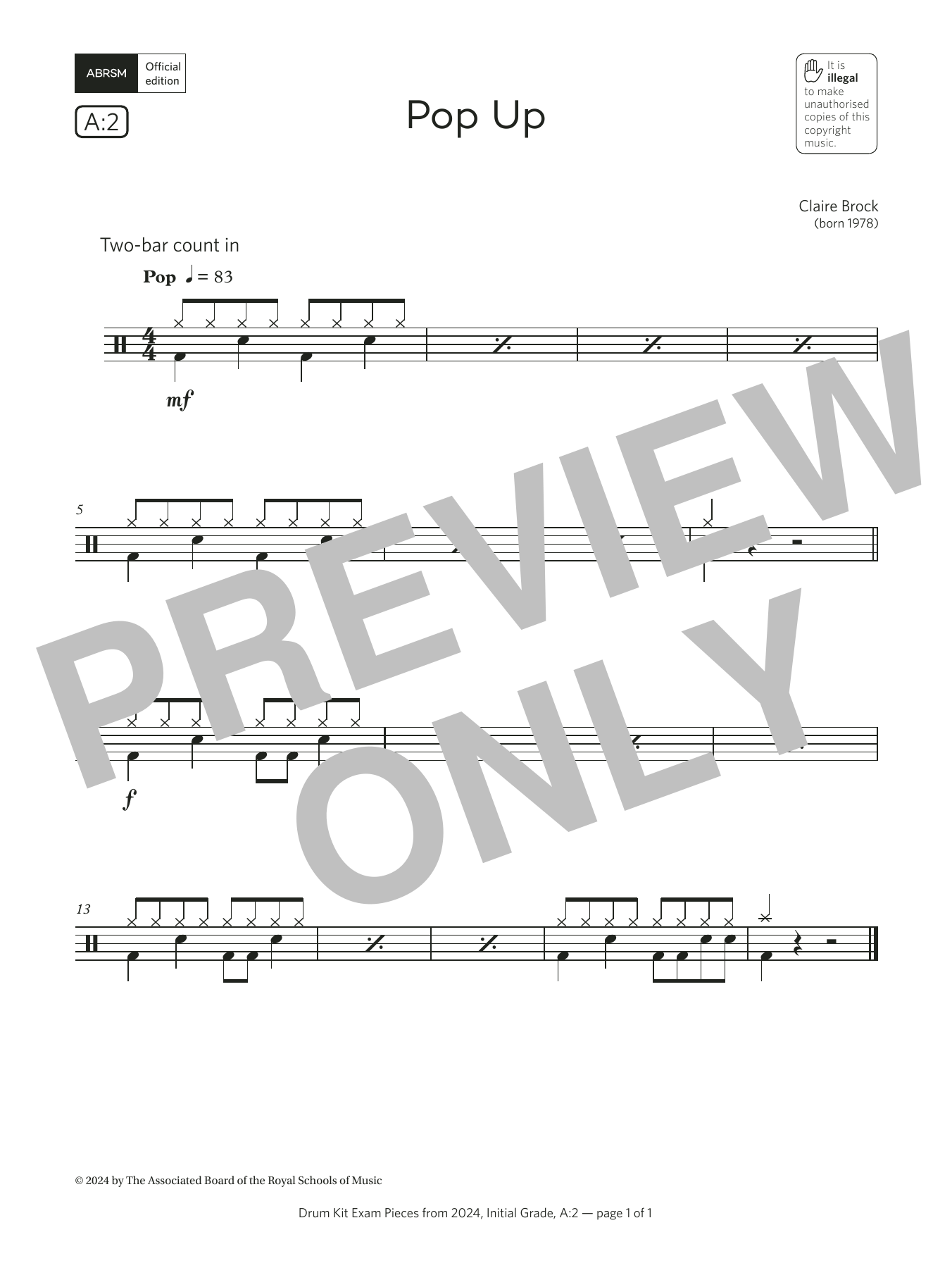 Download Claire Brock Pop Up (Grade Initial, list A2, from the ABRSM Drum Kit Syllabus 2024) Sheet Music and learn how to play Drums PDF digital score in minutes