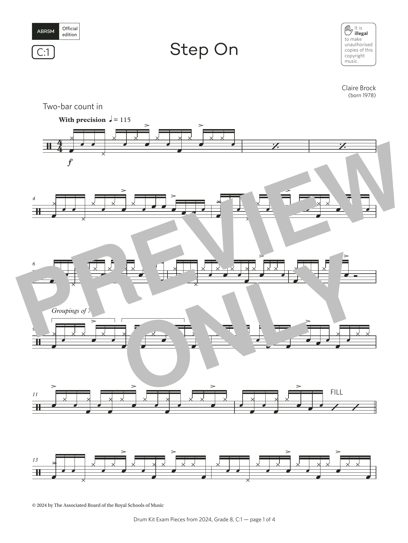 Download Claire Brock Step On (Grade 8, list C1, from the ABRSM Drum Kit Syllabus 2024) Sheet Music and learn how to play Drums PDF digital score in minutes