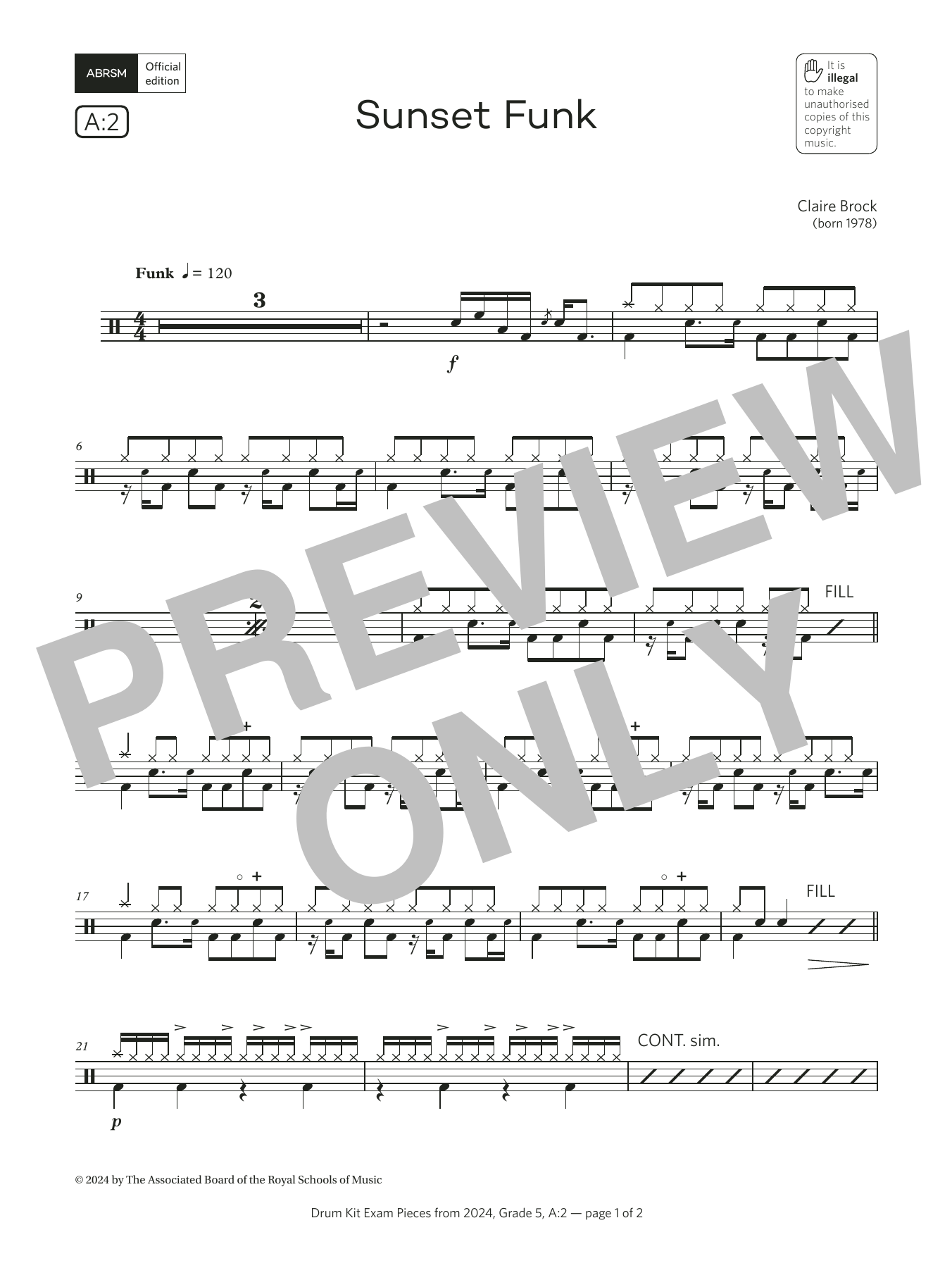 Download Claire Brock Sunset Funk (Grade 5, list A2, from the ABRSM Drum Kit Syllabus 2024) Sheet Music and learn how to play Drums PDF digital score in minutes