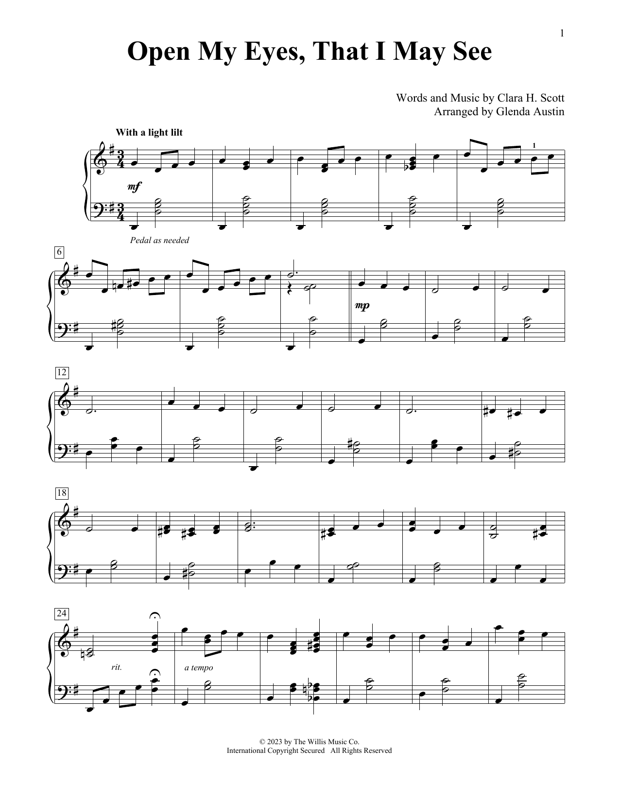 Download Clara H. Scott Open My Eyes, That I May See (arr. Glenda Austin) Sheet Music and learn how to play Educational Piano PDF digital score in minutes