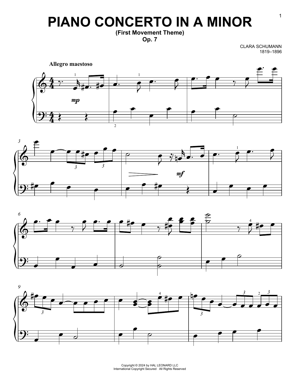 Download Clara Schumann Piano Concerto In A Minor, Op. 7, First Movement Sheet Music and learn how to play Easy Piano PDF digital score in minutes
