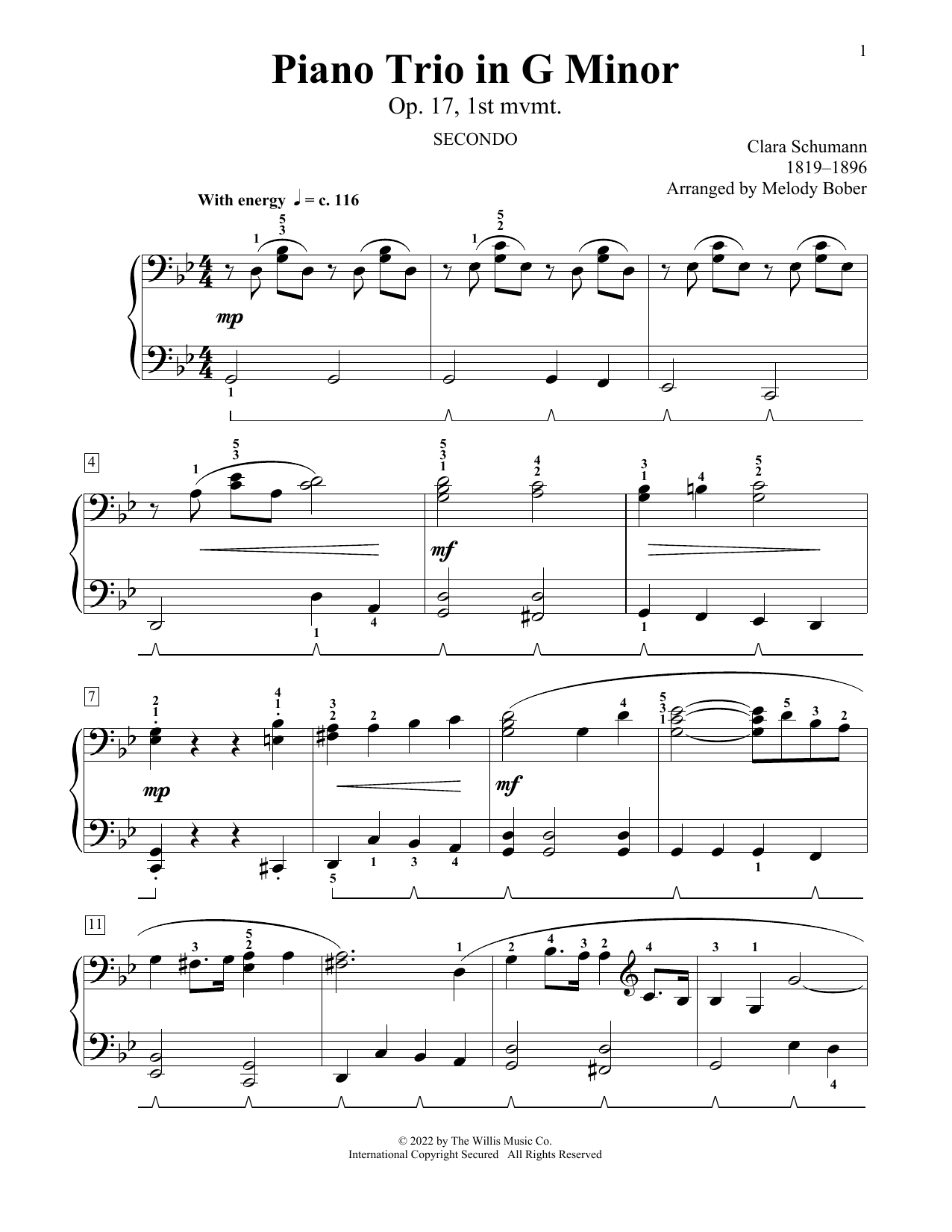 Download Clara Schumann Piano Trio In G Minor, Op. 17, 1st Mvmt (arr. Melody Bober) Sheet Music and learn how to play Piano Duet PDF digital score in minutes