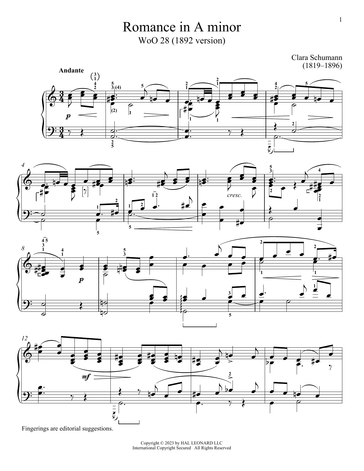 Download Clara Schumann Romance in A minor, WoO 28 Sheet Music and learn how to play Piano Solo PDF digital score in minutes