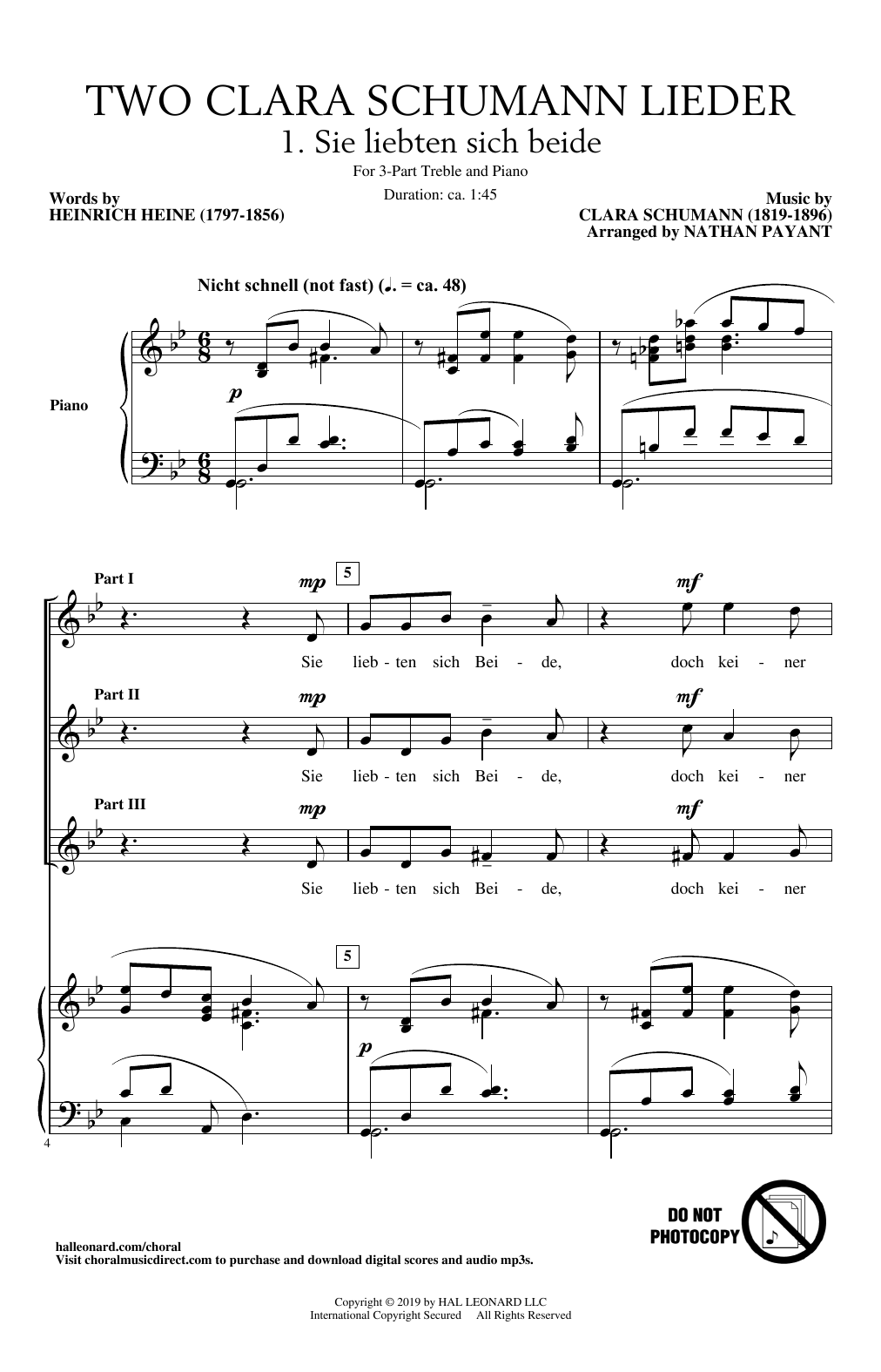 Download Clara Schumann Two Clara Schumann Lieder (arr. Nathan Payant) Sheet Music and learn how to play SSA Choir PDF digital score in minutes