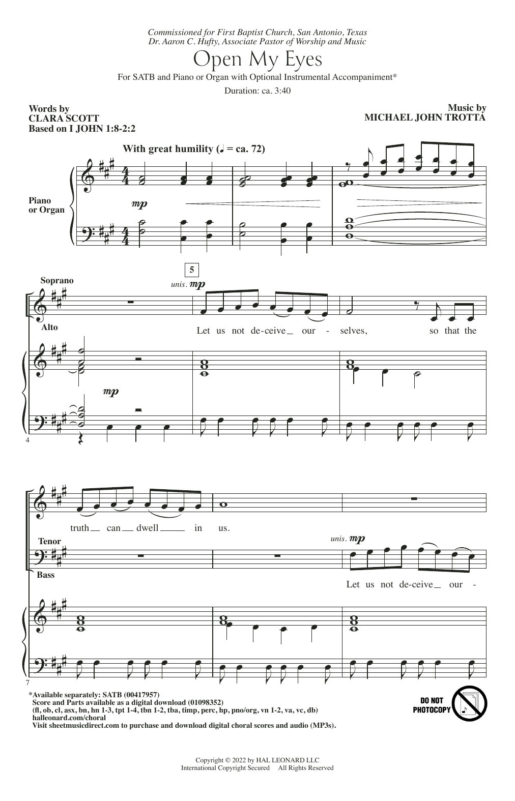 Download Clara Scott and Michael John Trotta Open My Eyes Sheet Music and learn how to play SATB Choir PDF digital score in minutes
