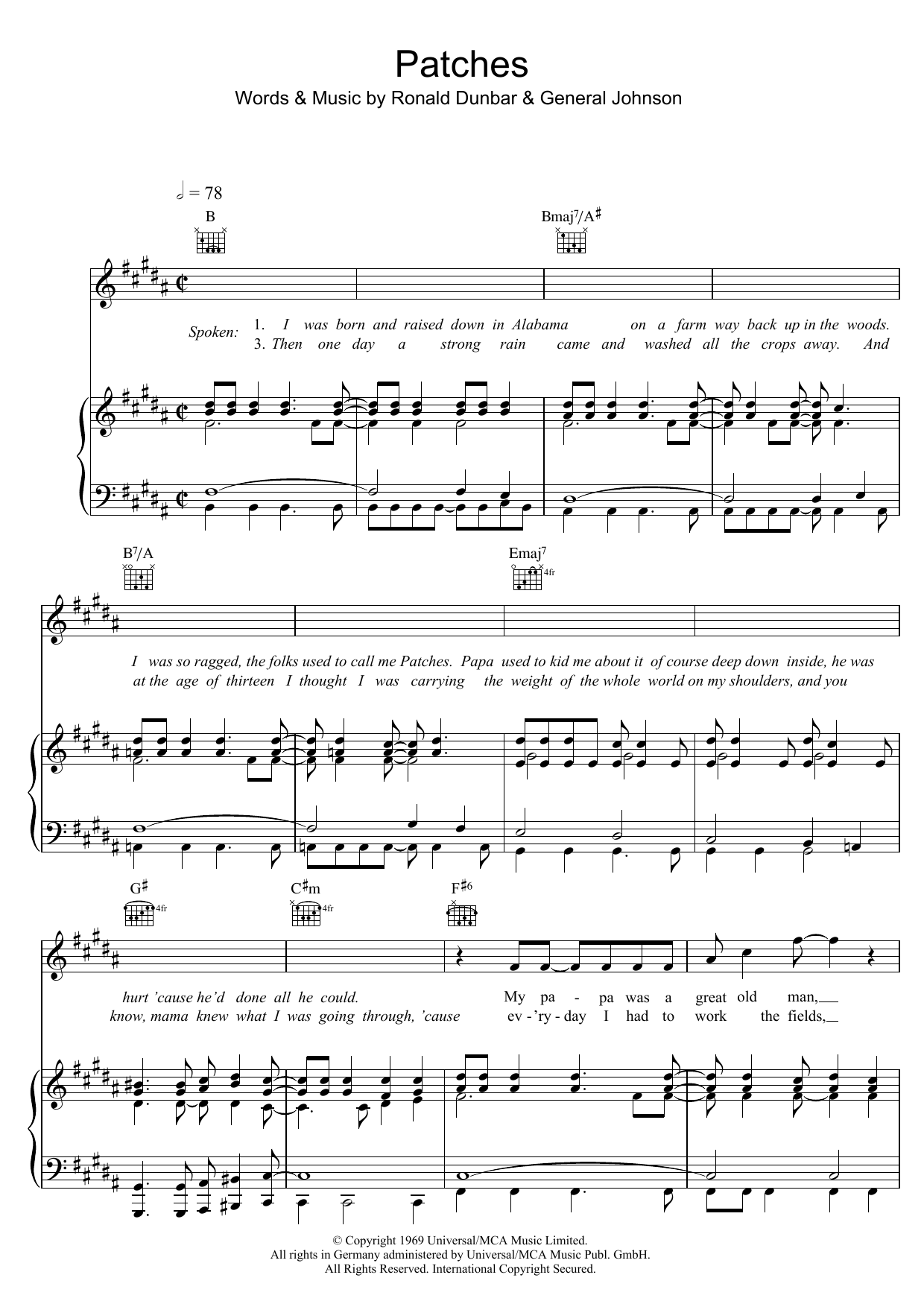Download Clarence Carter Patches Sheet Music and learn how to play Real Book – Melody & Chords PDF digital score in minutes