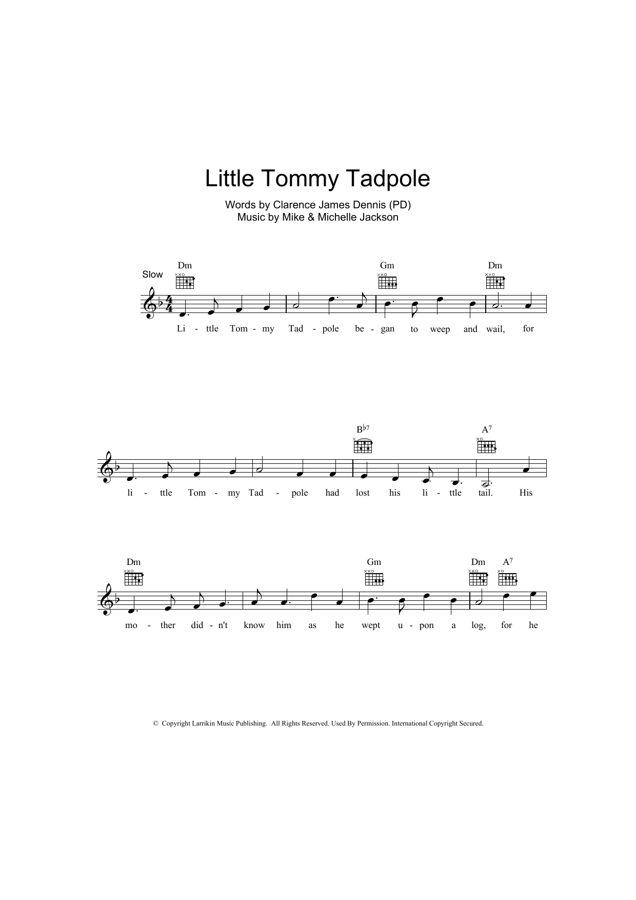 Download Clarence James Dennis Little Tommy Tadpole Sheet Music and learn how to play Melody Line, Lyrics & Chords PDF digital score in minutes