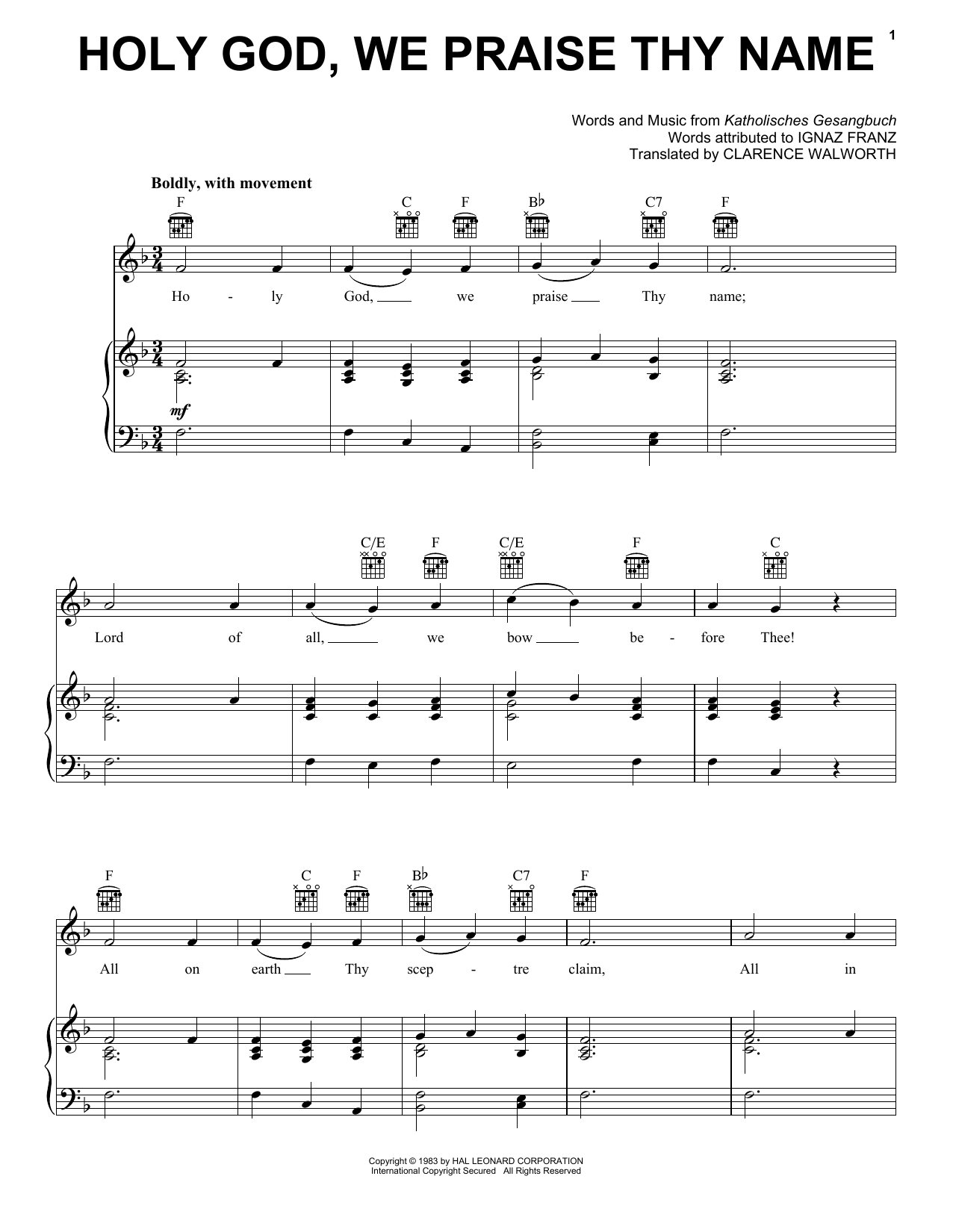 Download Clarence Walworth Holy God, We Praise Thy Name Sheet Music and learn how to play Piano, Vocal & Guitar Chords (Right-Hand Melody) PDF digital score in minutes