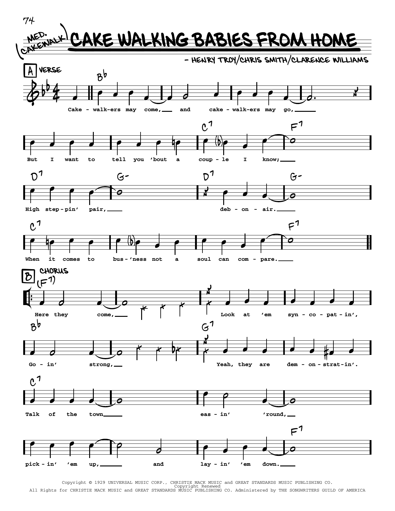Download Clarence Williams' Blue Five Cake Walking Babies From Home (arr. Robert Rawlins) Sheet Music and learn how to play Real Book – Melody, Lyrics & Chords PDF digital score in minutes