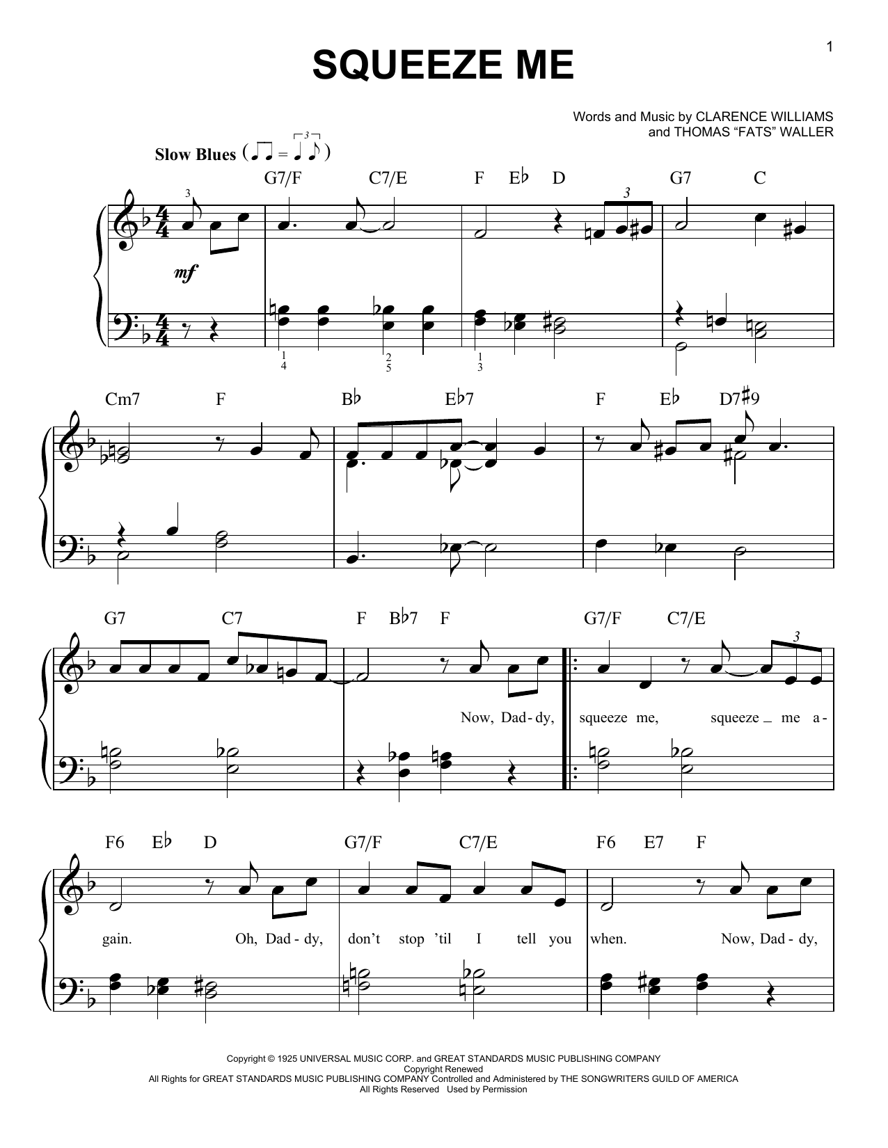 Download Clarence Williams Squeeze Me Sheet Music and learn how to play Easy Piano PDF digital score in minutes