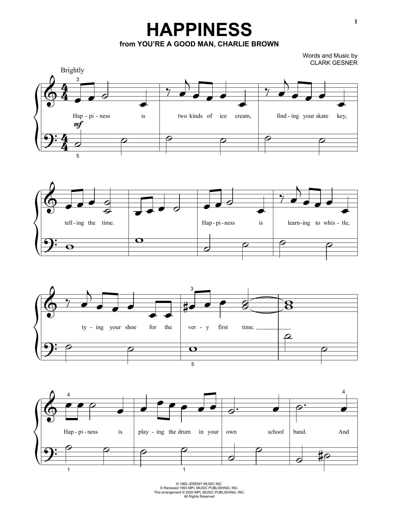 Download Clark Gesner Happiness (from You're A Good Man, Charlie Brown) Sheet Music and learn how to play Big Note Piano PDF digital score in minutes