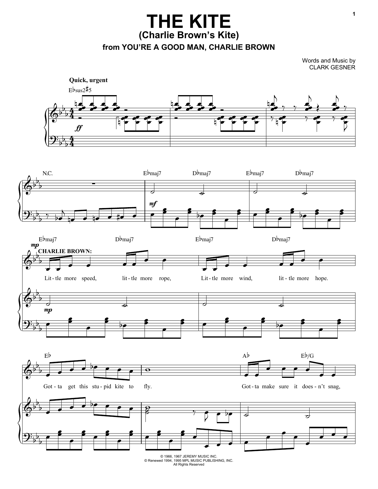 Download Clark Gesner The Kite (Charlie Brown's Kite) Sheet Music and learn how to play Piano, Vocal & Guitar (Right-Hand Melody) PDF digital score in minutes