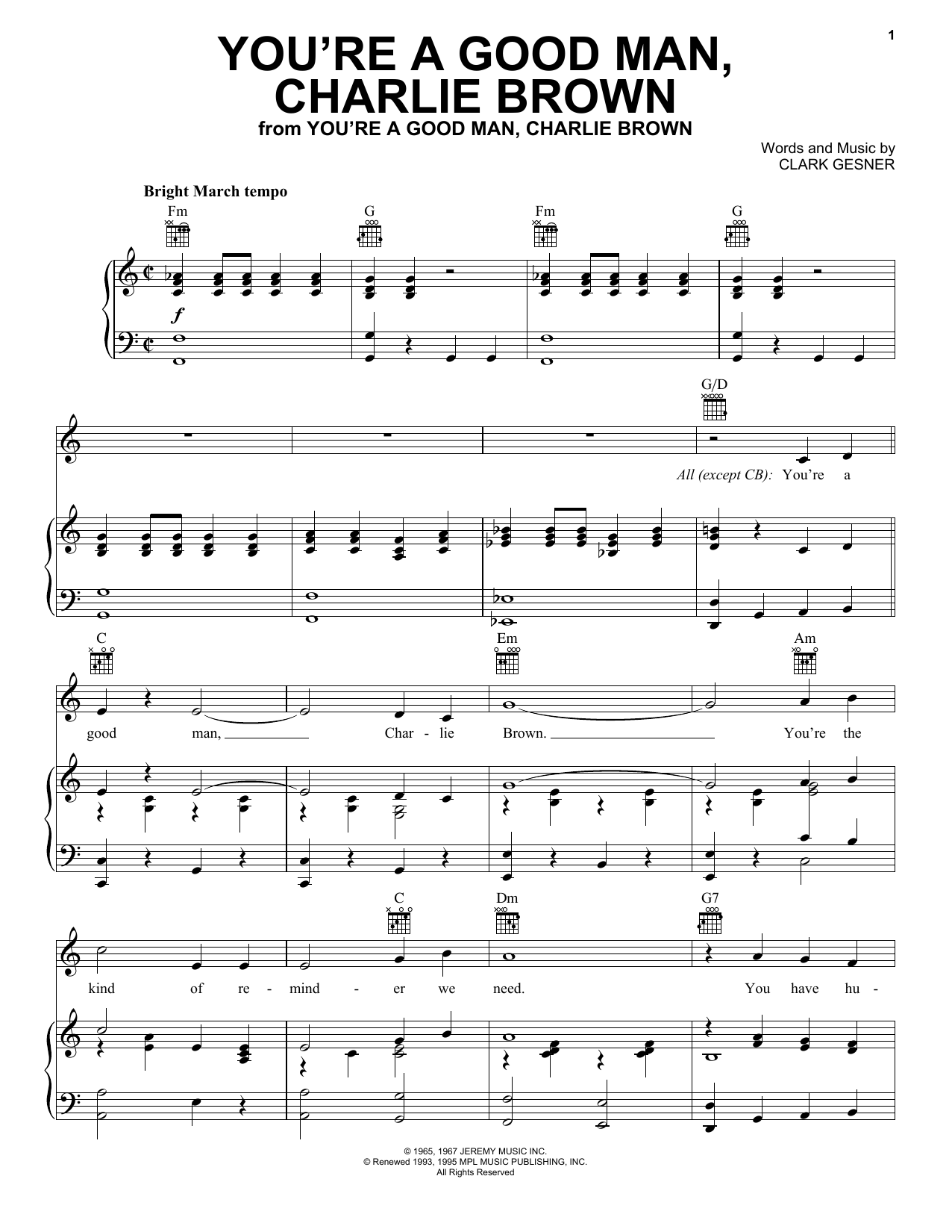 Download Clark Gesner You're A Good Man, Charlie Brown Sheet Music and learn how to play Piano, Vocal & Guitar Chords (Right-Hand Melody) PDF digital score in minutes