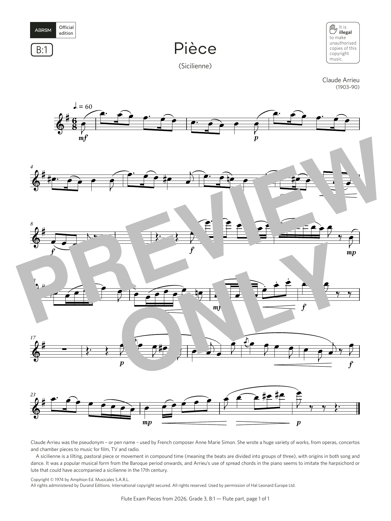 Download Claude Arrieu Pièce (Grade 3, list B1, from the ABRSM Flute Syllabus from 2026) Sheet Music and learn how to play Flute Solo PDF digital score in minutes
