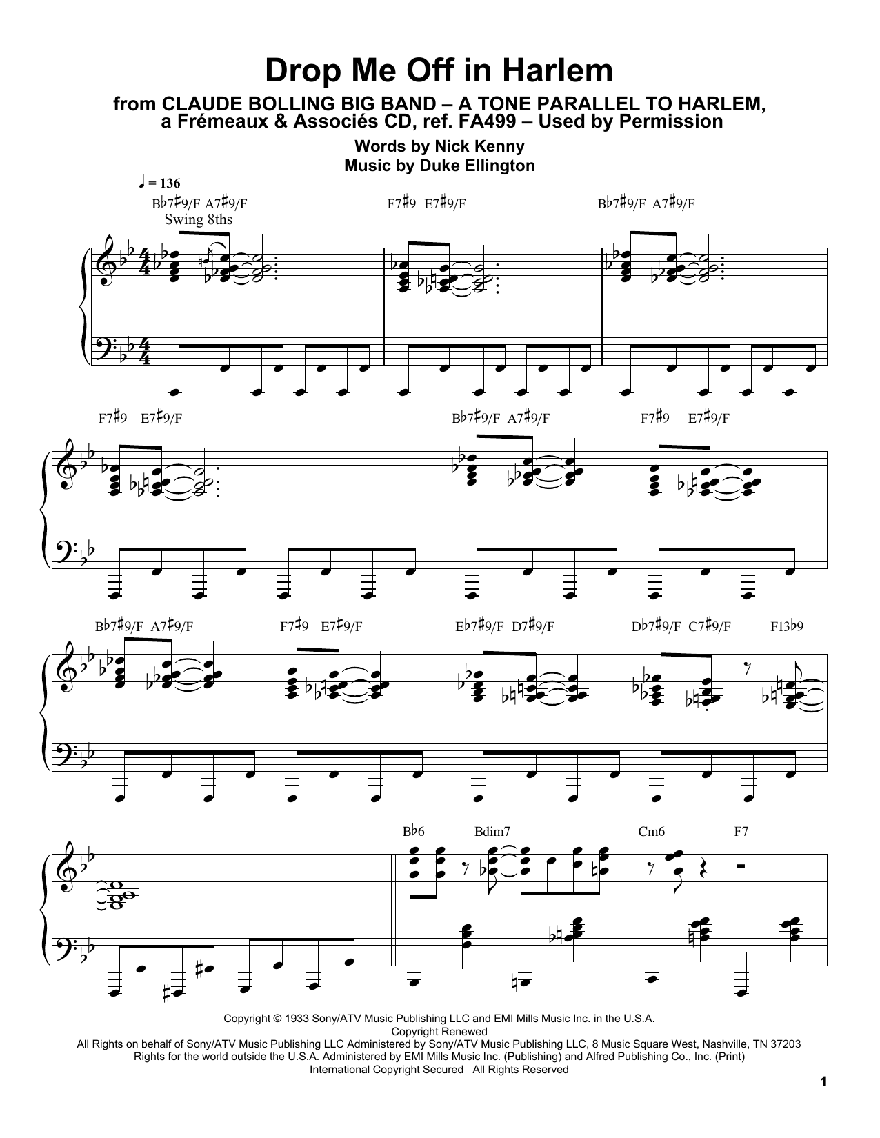 Download Claude Bolling Drop Me Off In Harlem Sheet Music and learn how to play Piano Transcription PDF digital score in minutes