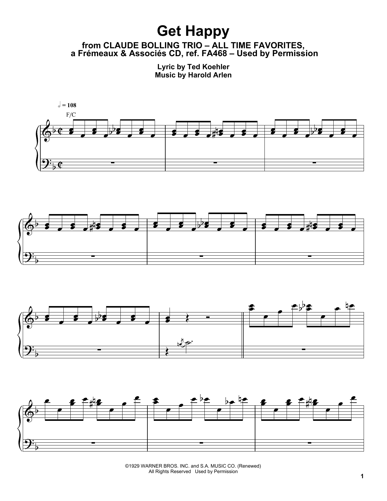 Download Claude Bolling Get Happy Sheet Music and learn how to play Piano Transcription PDF digital score in minutes
