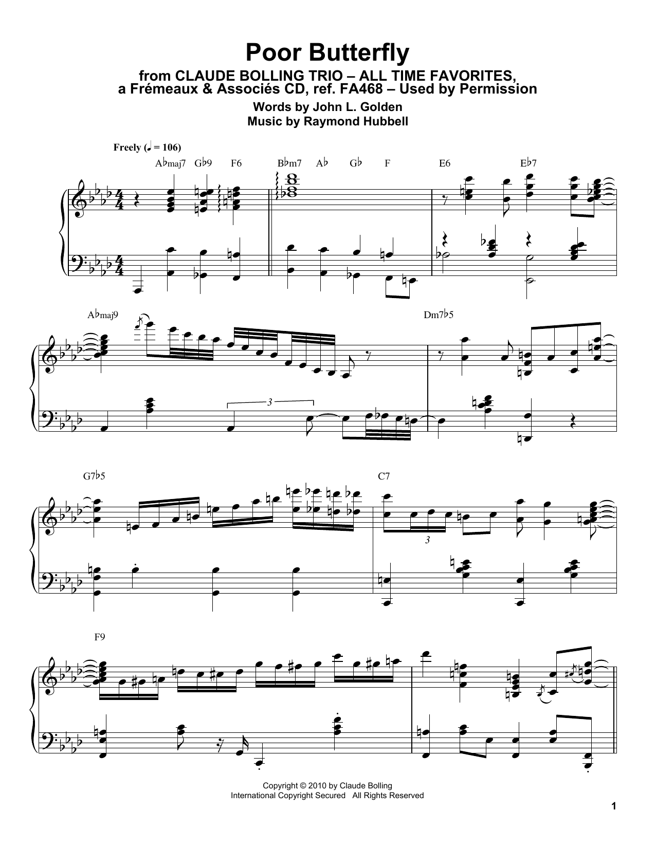Download Claude Bolling Poor Butterfly Sheet Music and learn how to play Piano Transcription PDF digital score in minutes